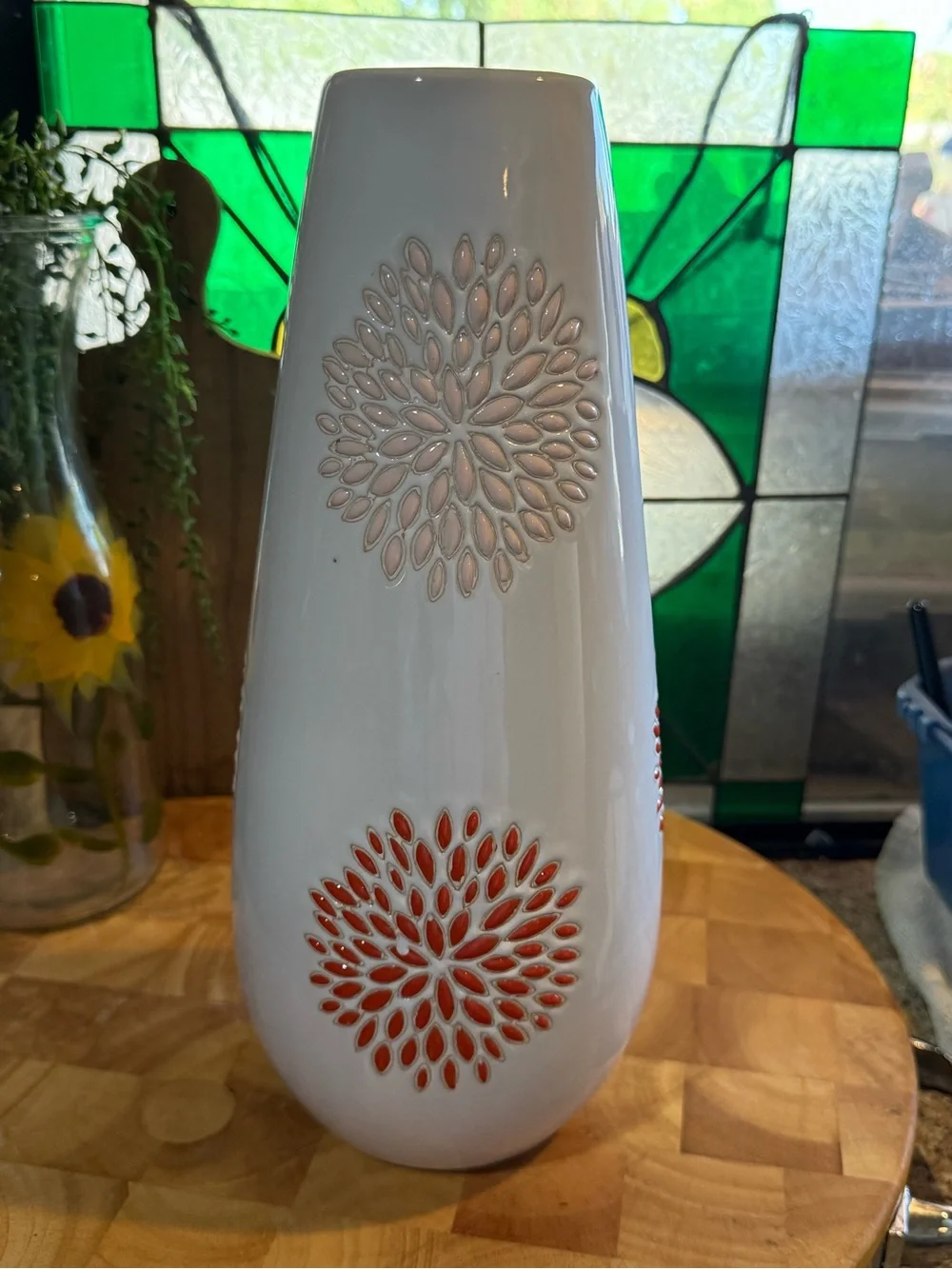 Tall White Ceramic Vase with Colorful Floral Bursts – 12¾”
